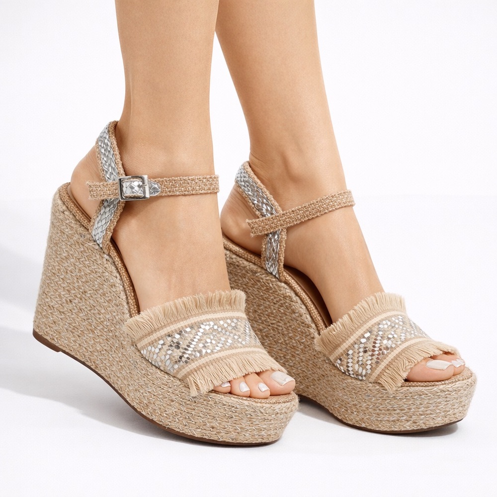 Sacha Beige Silver Espadrille Wedge Sandals Womens Size 6 Summer Platform
